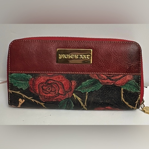 PRISON ART RED FLORAL EXCLUSIVE DESIGN WOMENS LEATHER WALLET - Picture 1 of 10